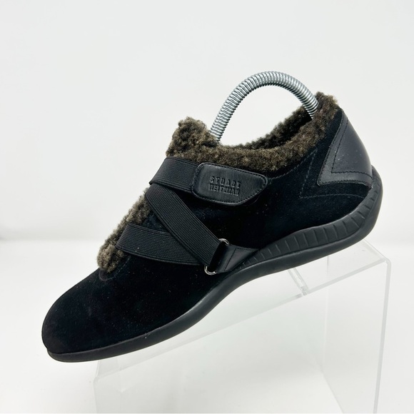 Stuart Weitzman Women's Leanto Black Suede Slip-On Fur Trim Flats Size 9 - Picture 3 of 16